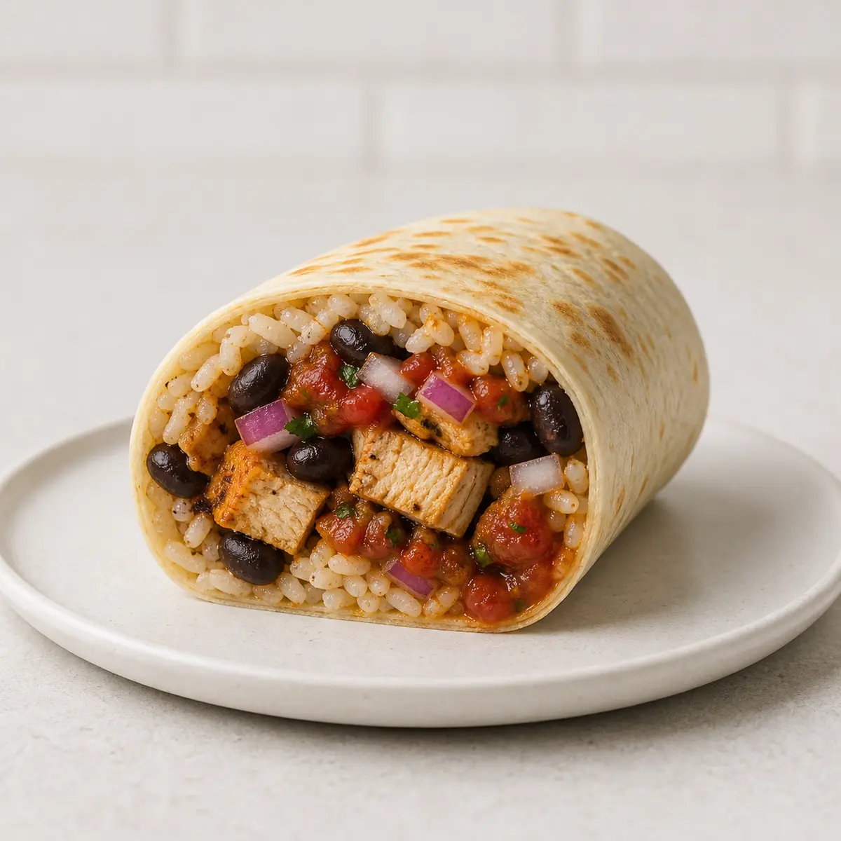 Cut burrito with seasoned filling on a plate