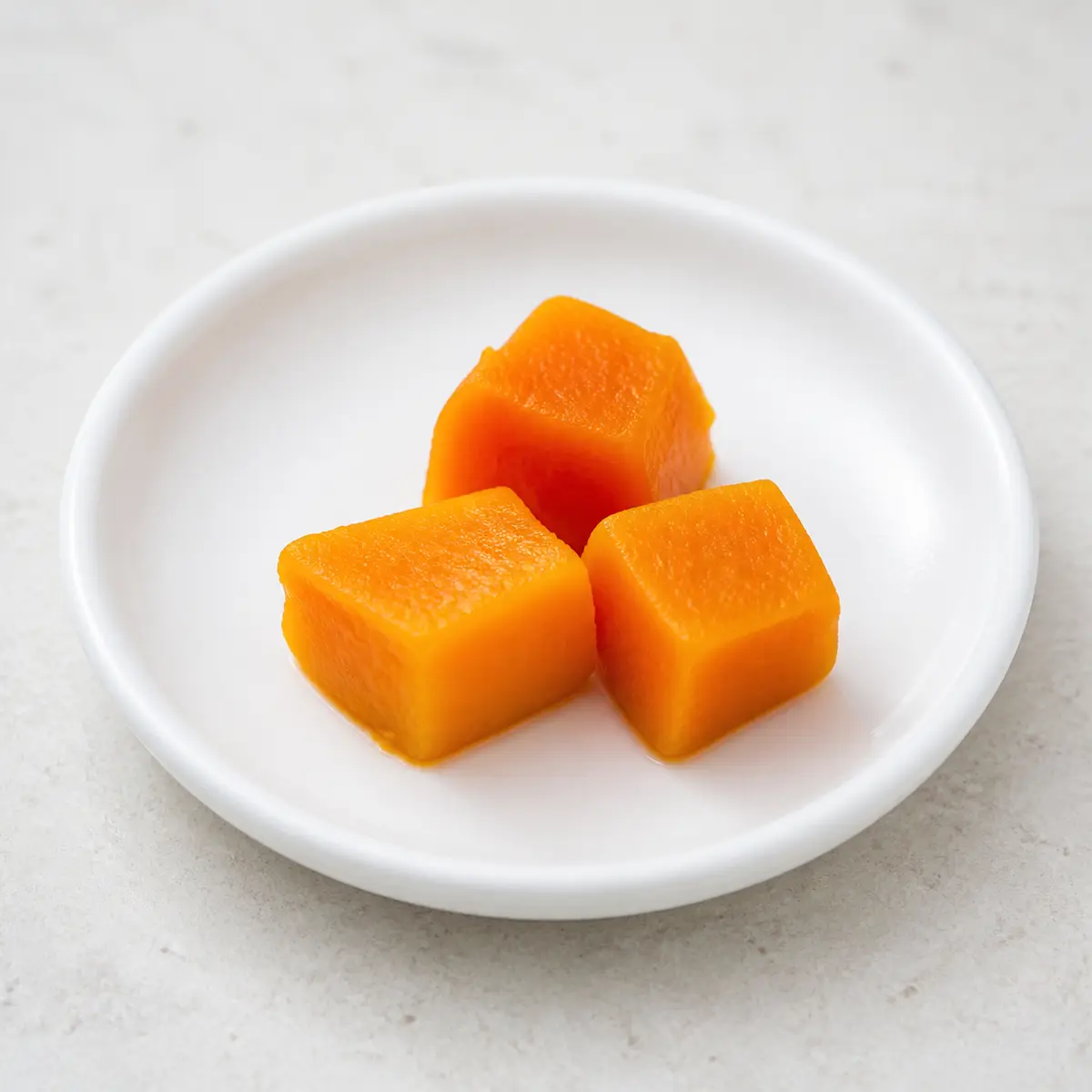 Tiny plain cooked butternut squash cubes on a saucer