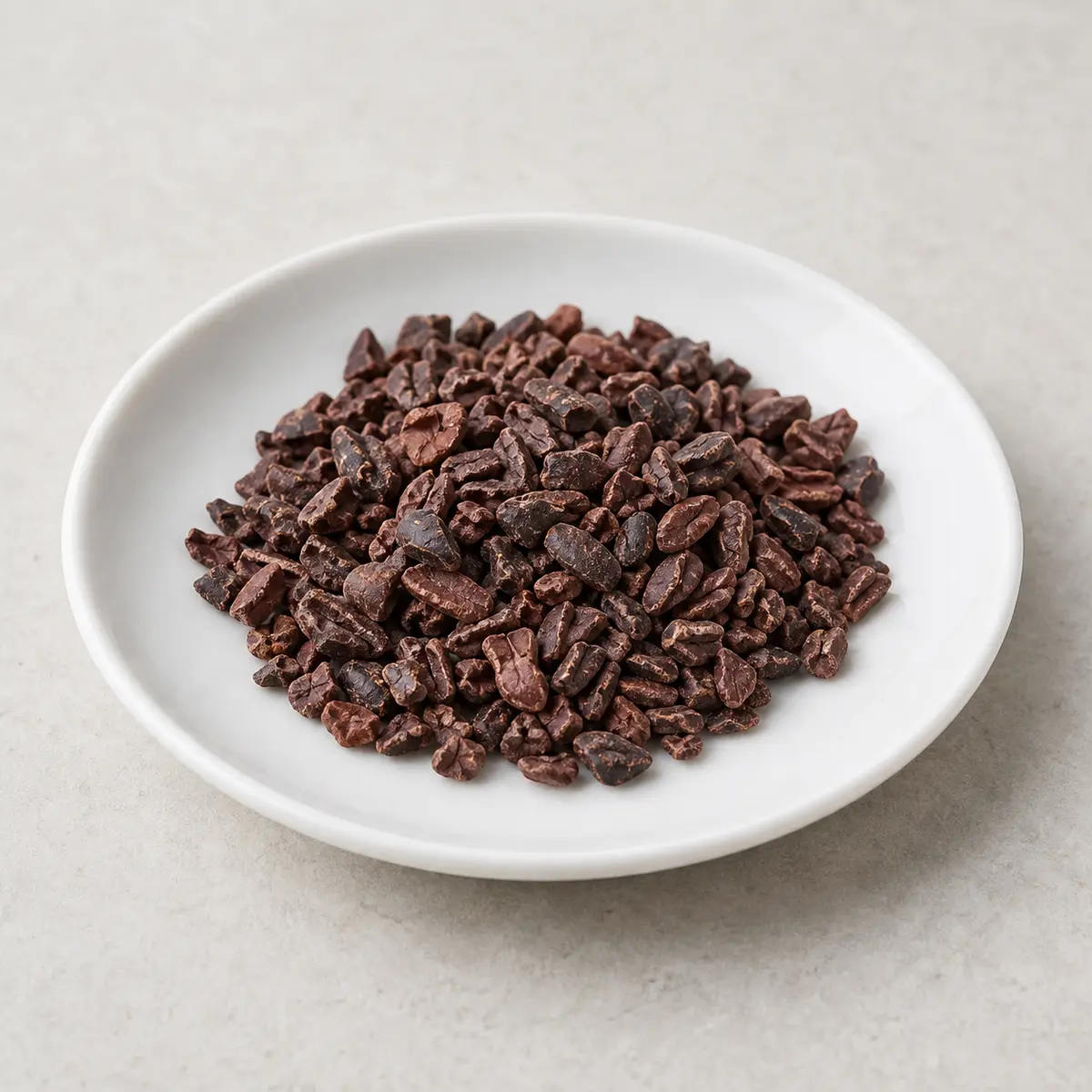 Small pile of cacao nibs on a saucer