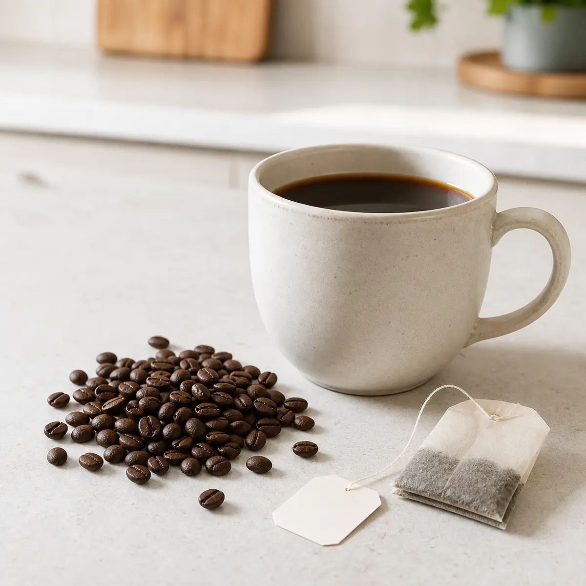 Coffee cup, coffee beans, and tea bag on a counter