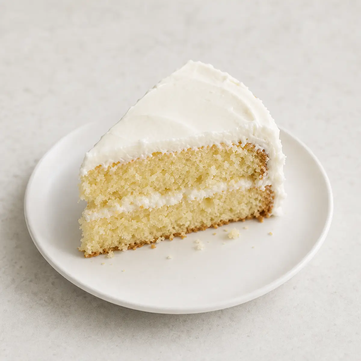 Slice of frosted cake on a plate