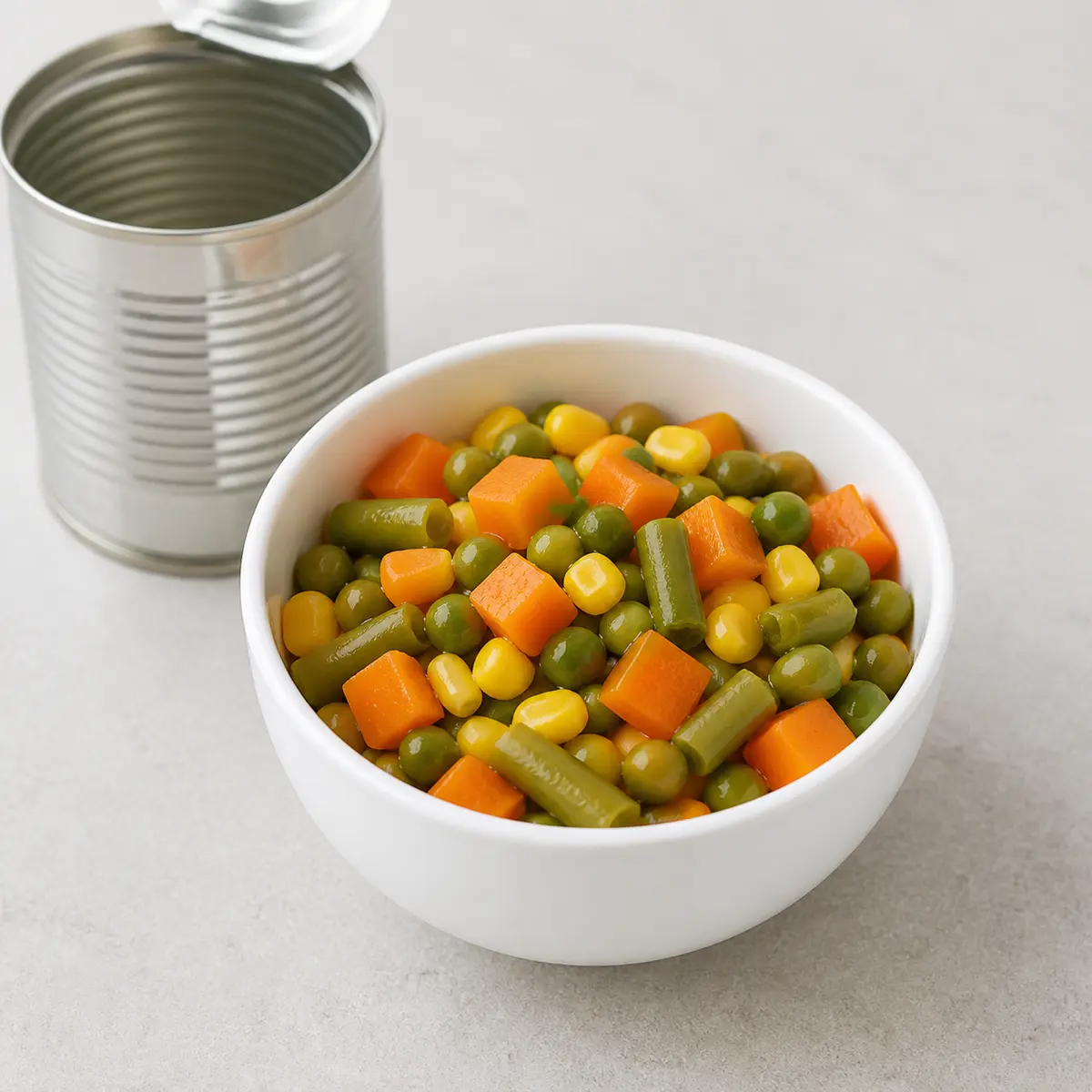 Canned mixed vegetables in a bowl beside an unlabeled can