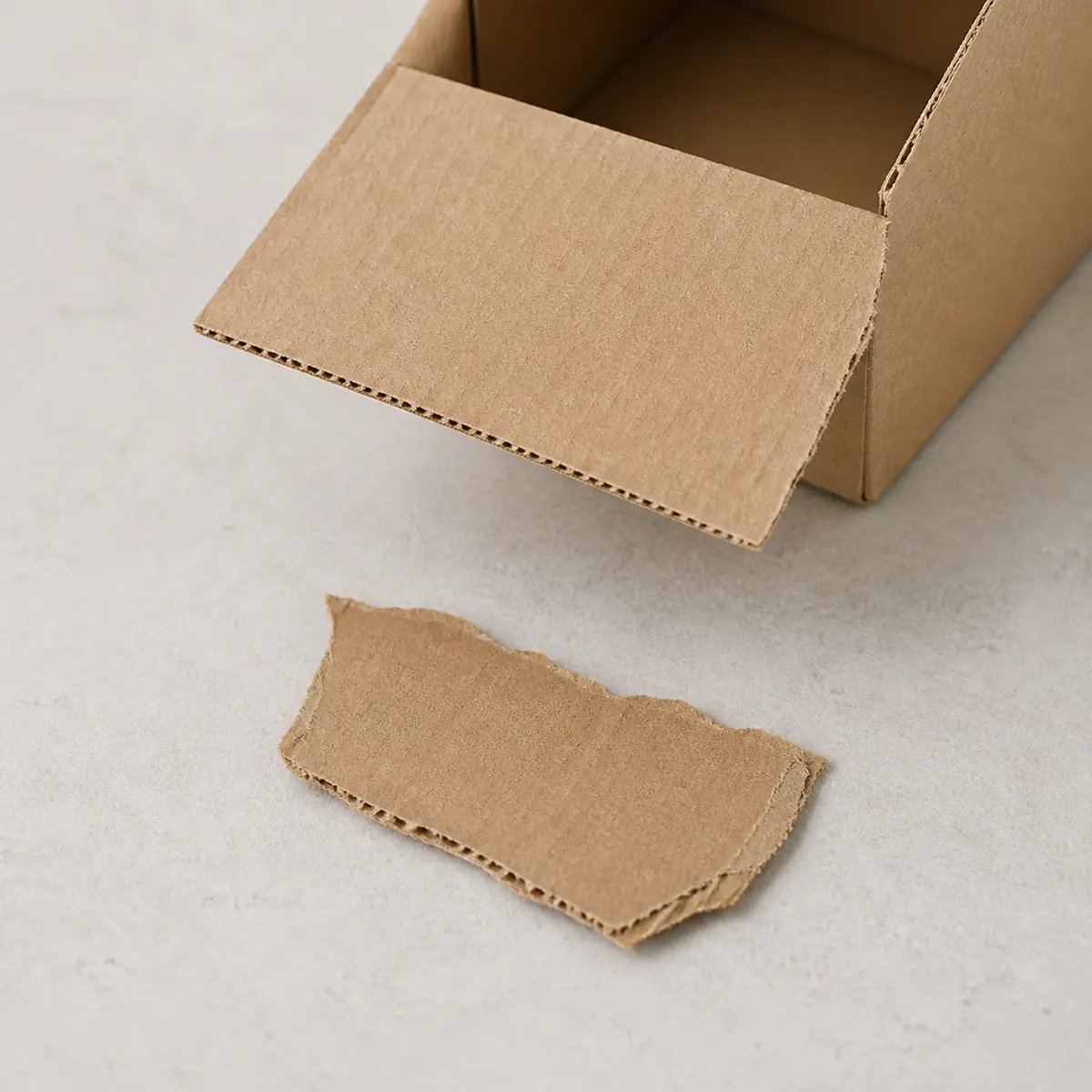 Torn plain cardboard piece beside an open cardboard box