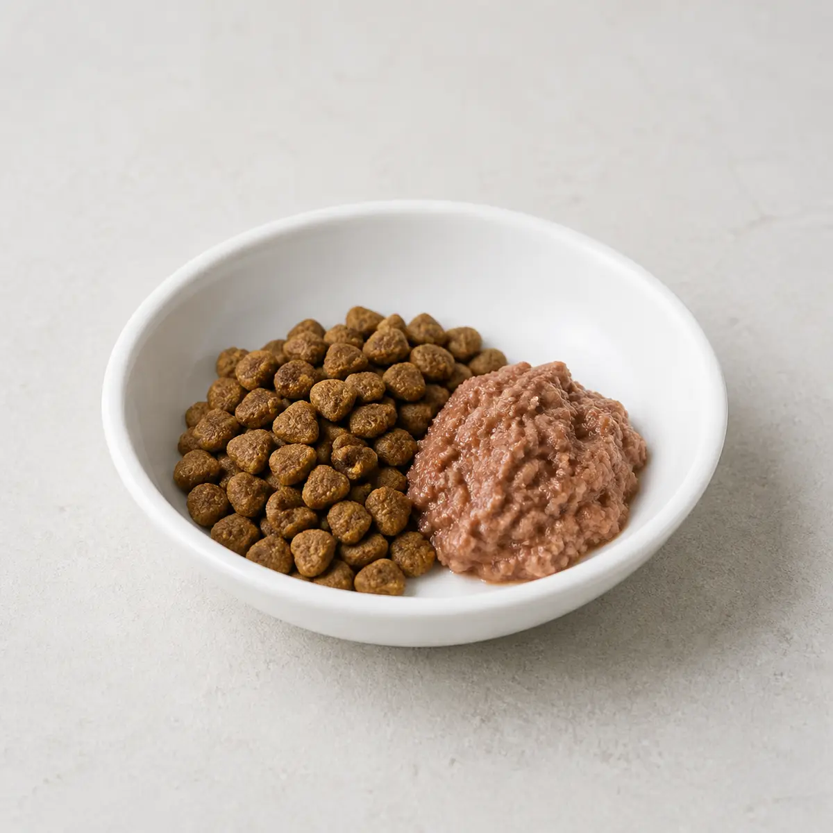 Complete cat food in a shallow white bowl