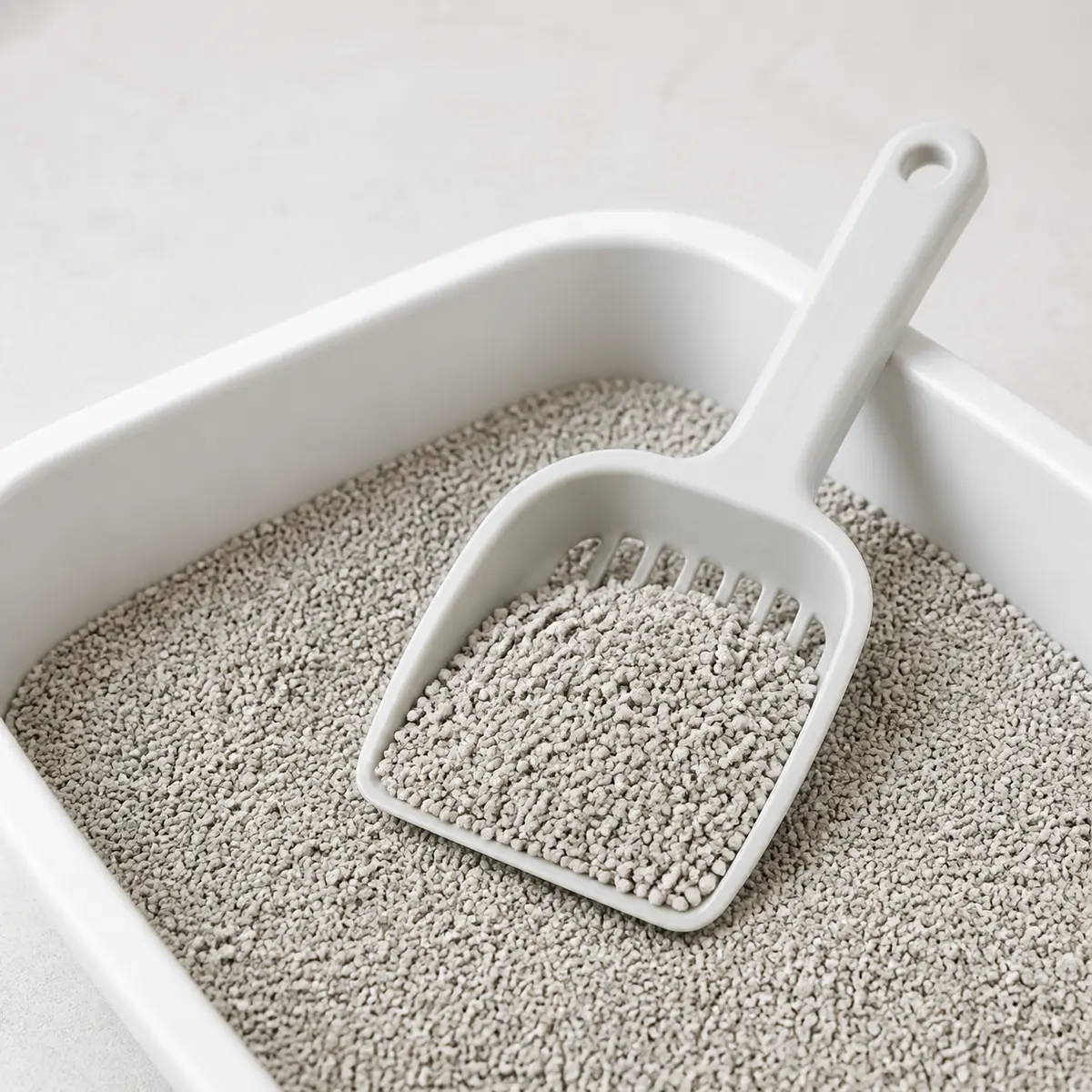 Clean cat litter granules in a litter scoop