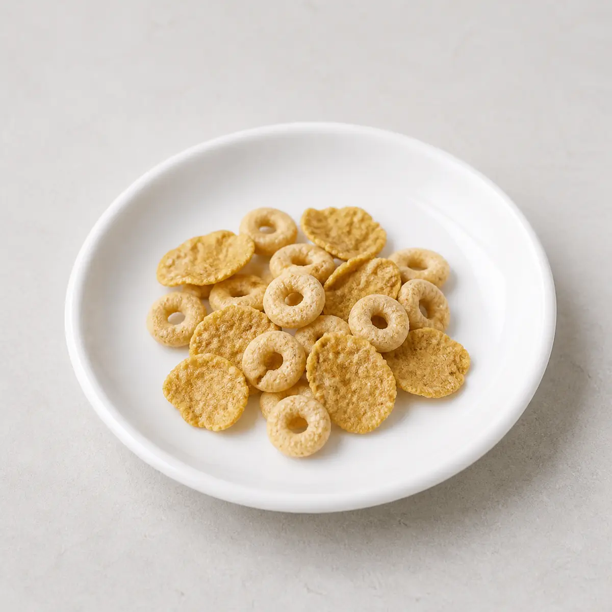 Plain dry cereal flakes and rings on a saucer