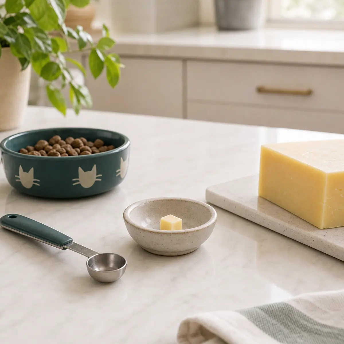 Cheese with a tiny piece on a saucer for a cat food safety check