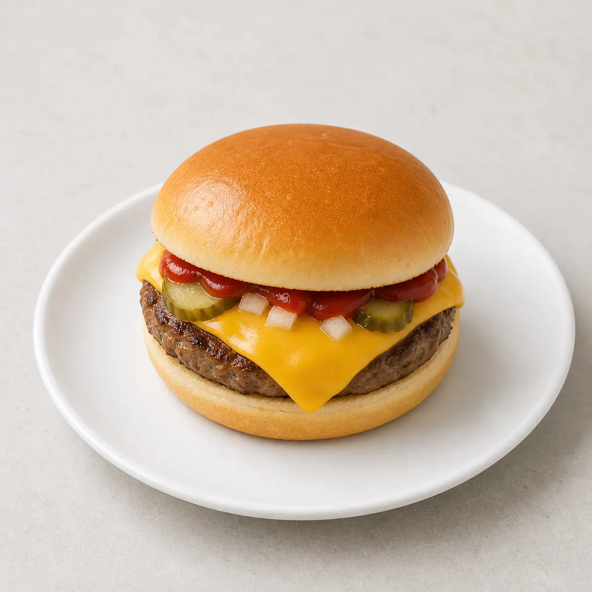 Cheeseburger with cheese, sauce, and onion on a plate