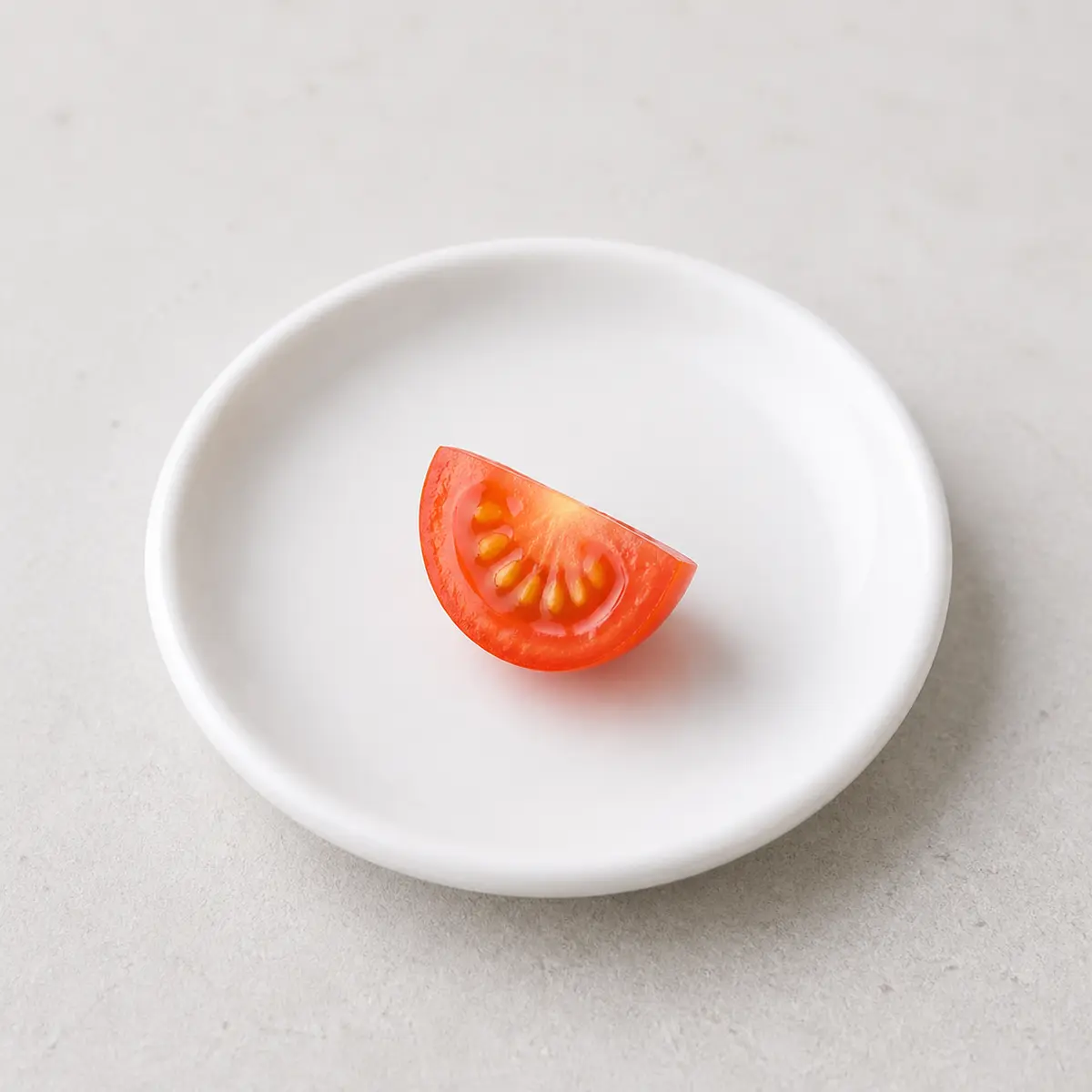 Tiny ripe cherry tomato quarter on a saucer