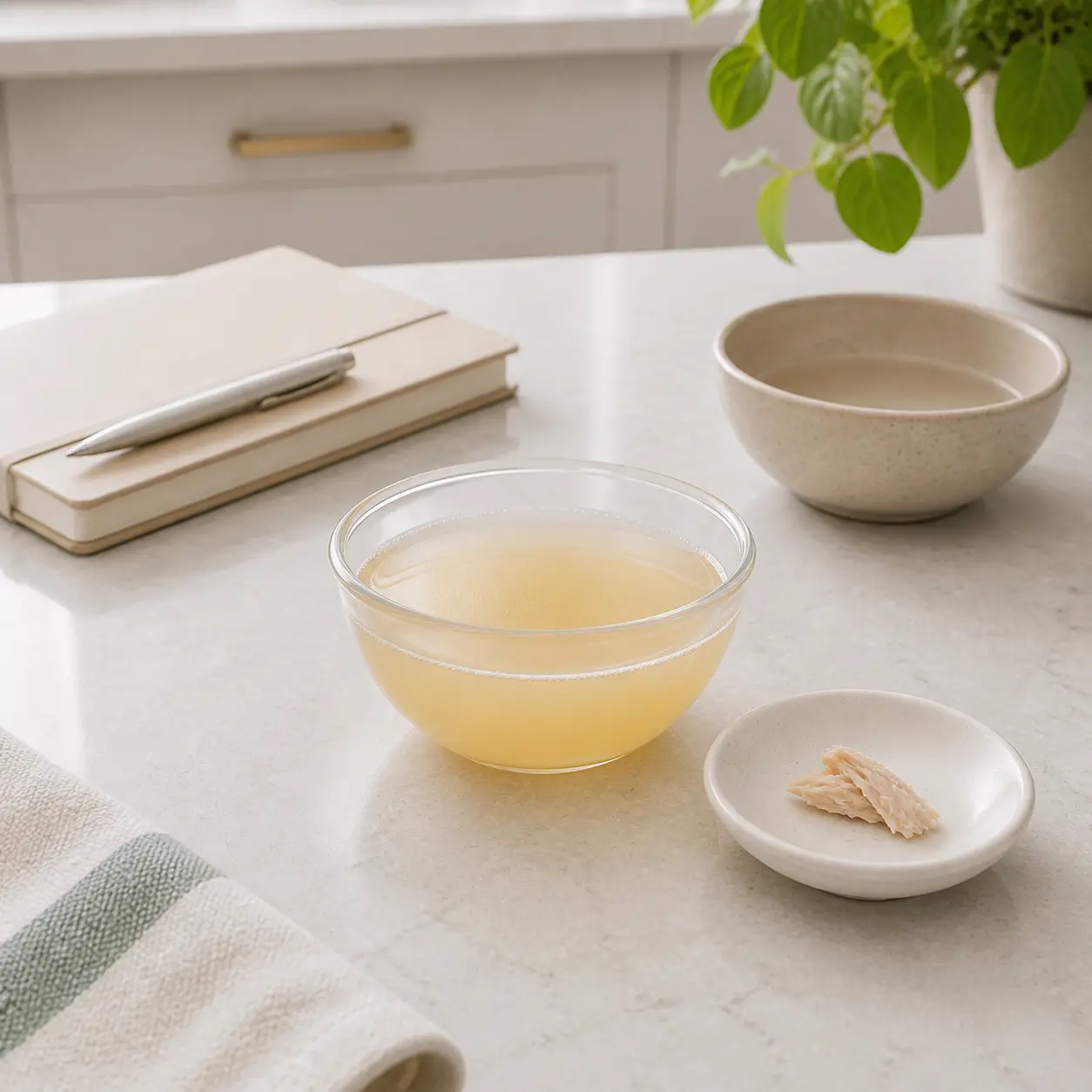 Plain chicken broth with a tiny chicken shred on a saucer