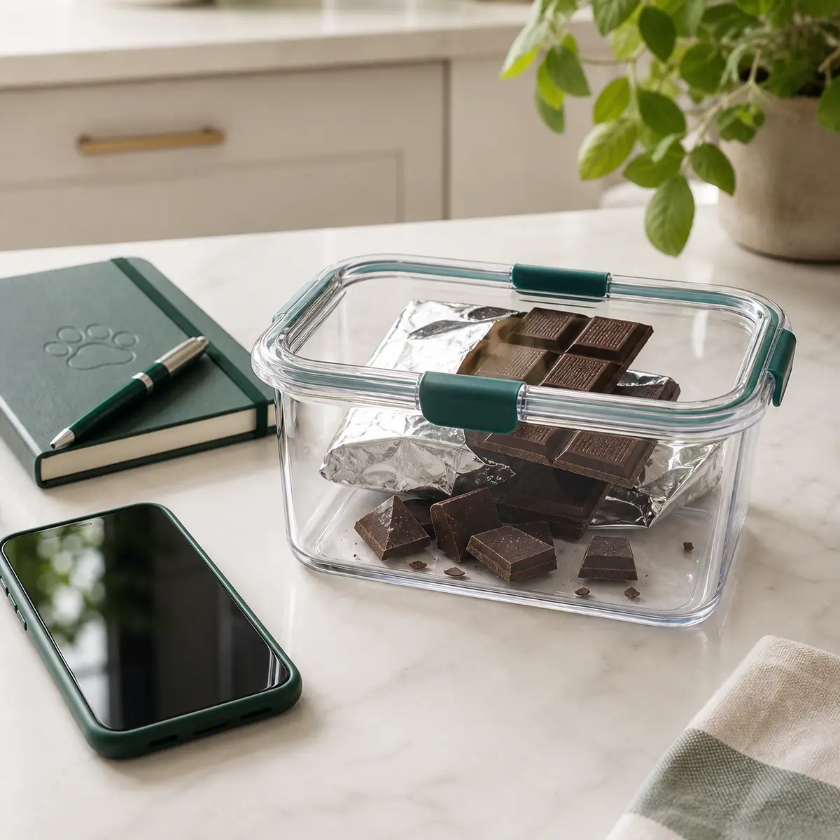 Chocolate secured in a container beside an empty cat treat saucer