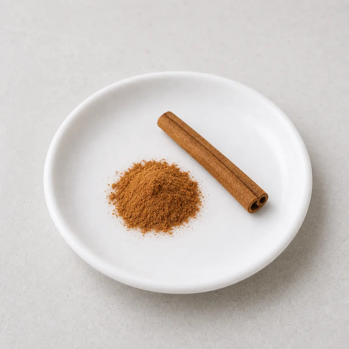 Ground cinnamon and a cinnamon stick on a saucer