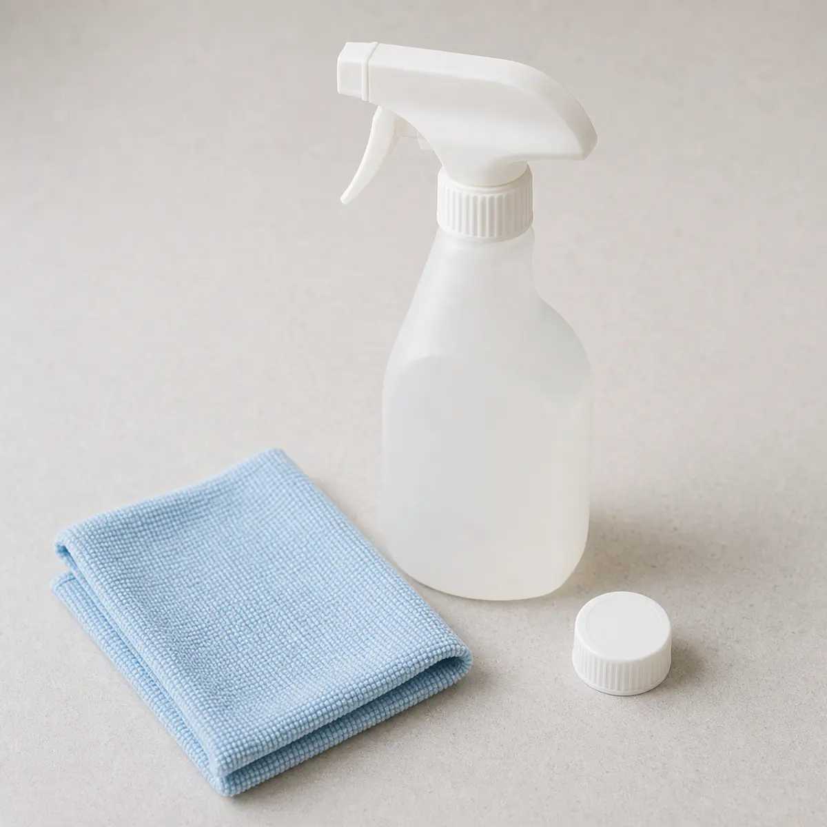 Unlabeled cleaning spray bottle and cloth on a counter