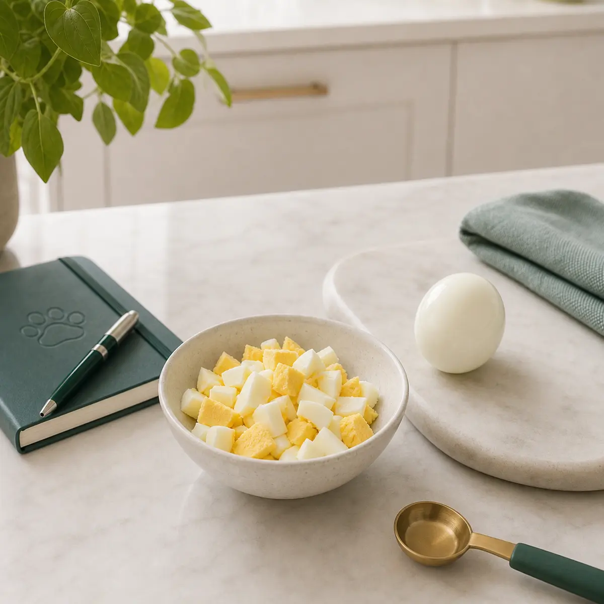 Cooked egg pieces with one tiny plain bite on a saucer