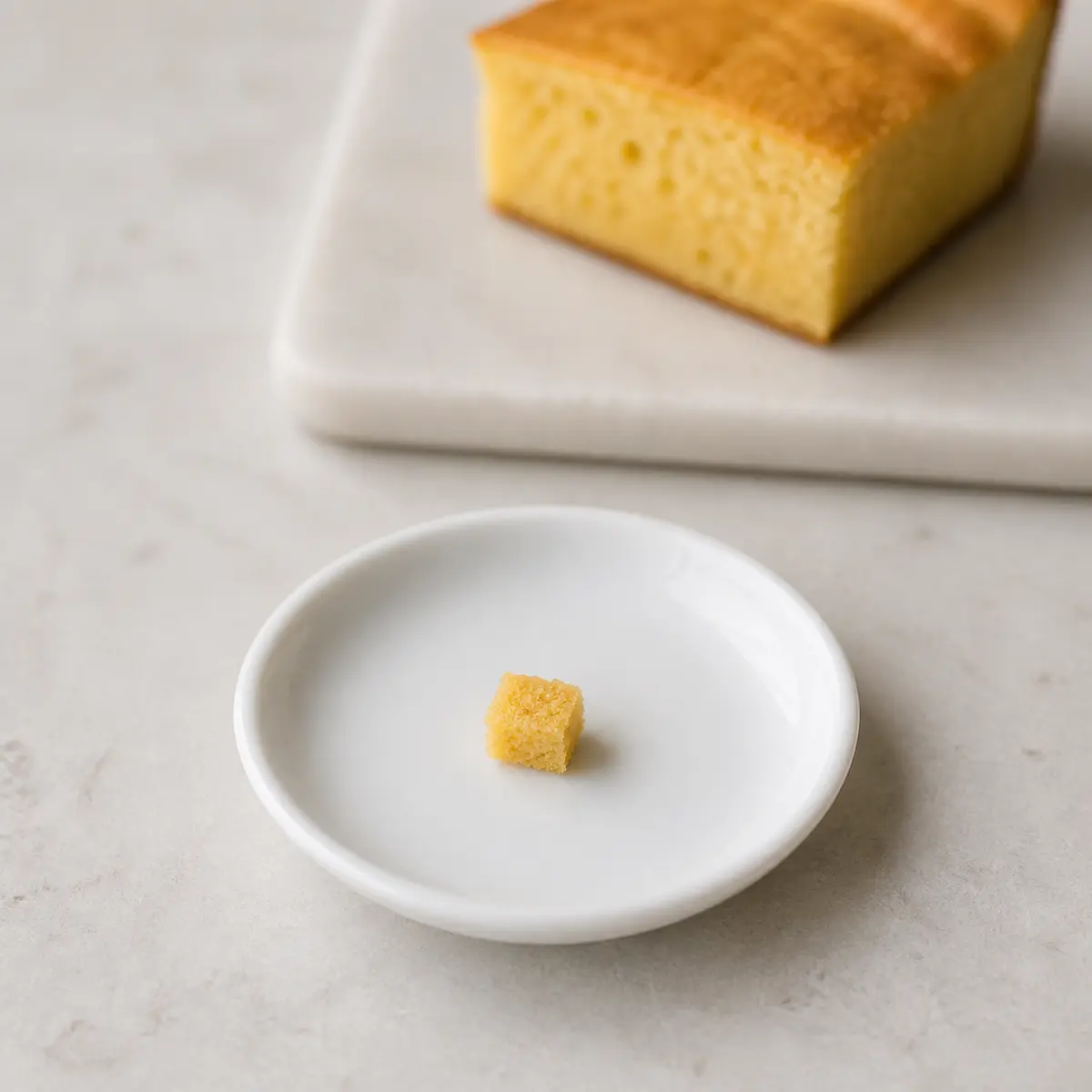Tiny plain cornbread crumb on a saucer