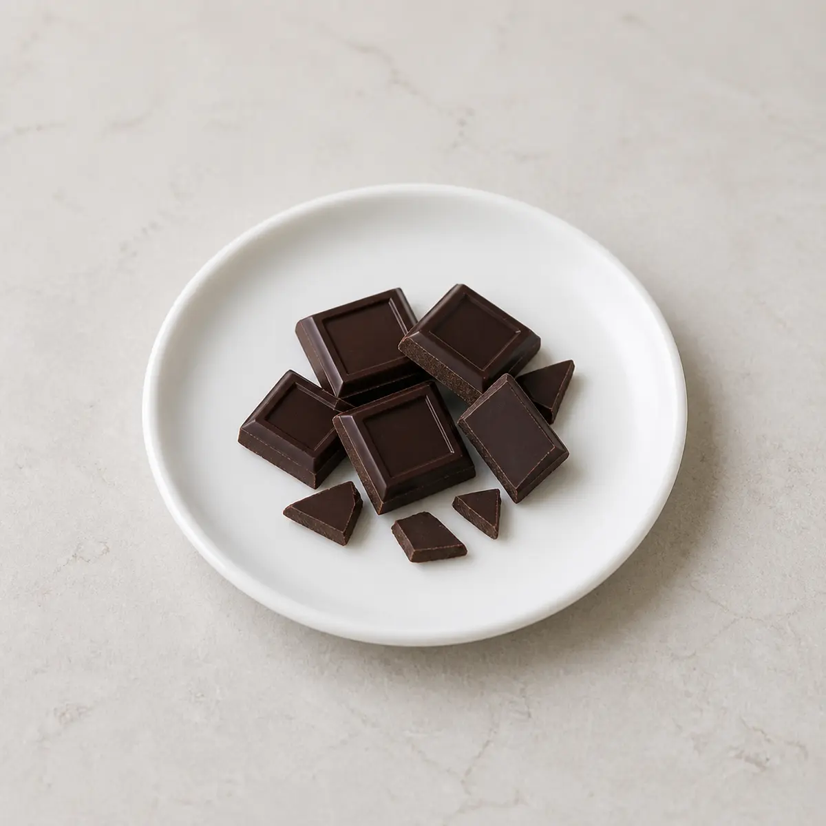 Dark chocolate pieces on a white plate