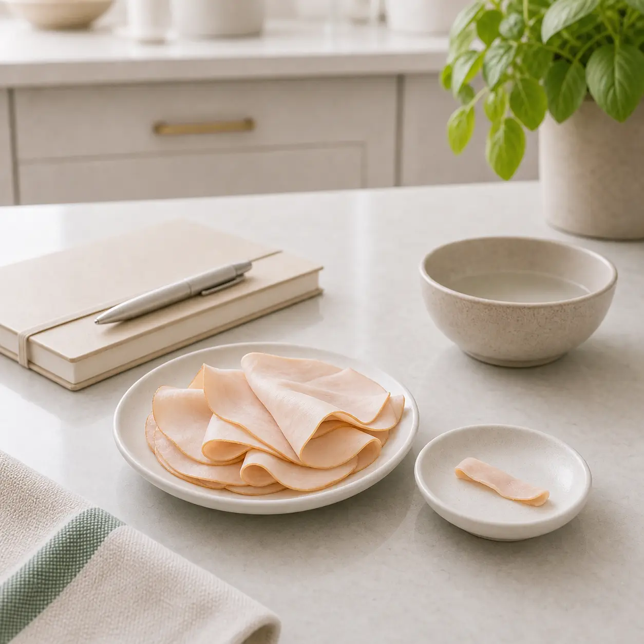 Deli turkey slices with one tiny strip separated on a saucer