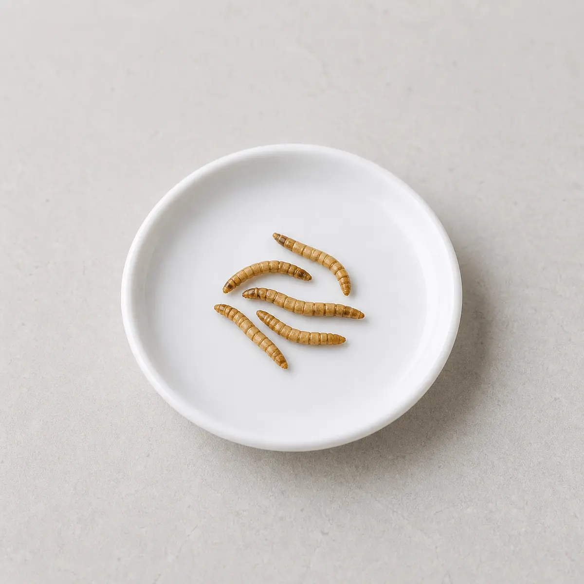 Tiny portion of plain dried mealworms on a saucer