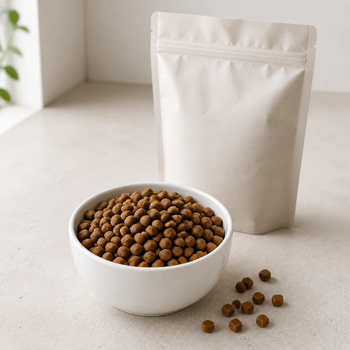 Bowl of dry ferret kibble beside a blank food pouch