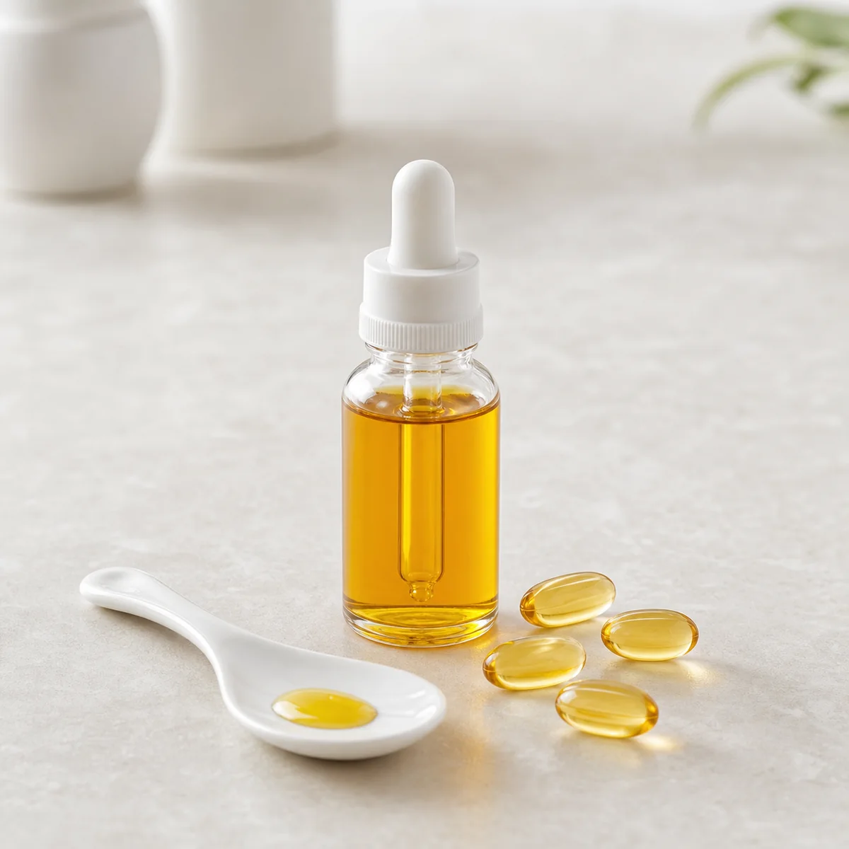 Fish oil dropper bottle with softgel capsules and a tiny spoon drop