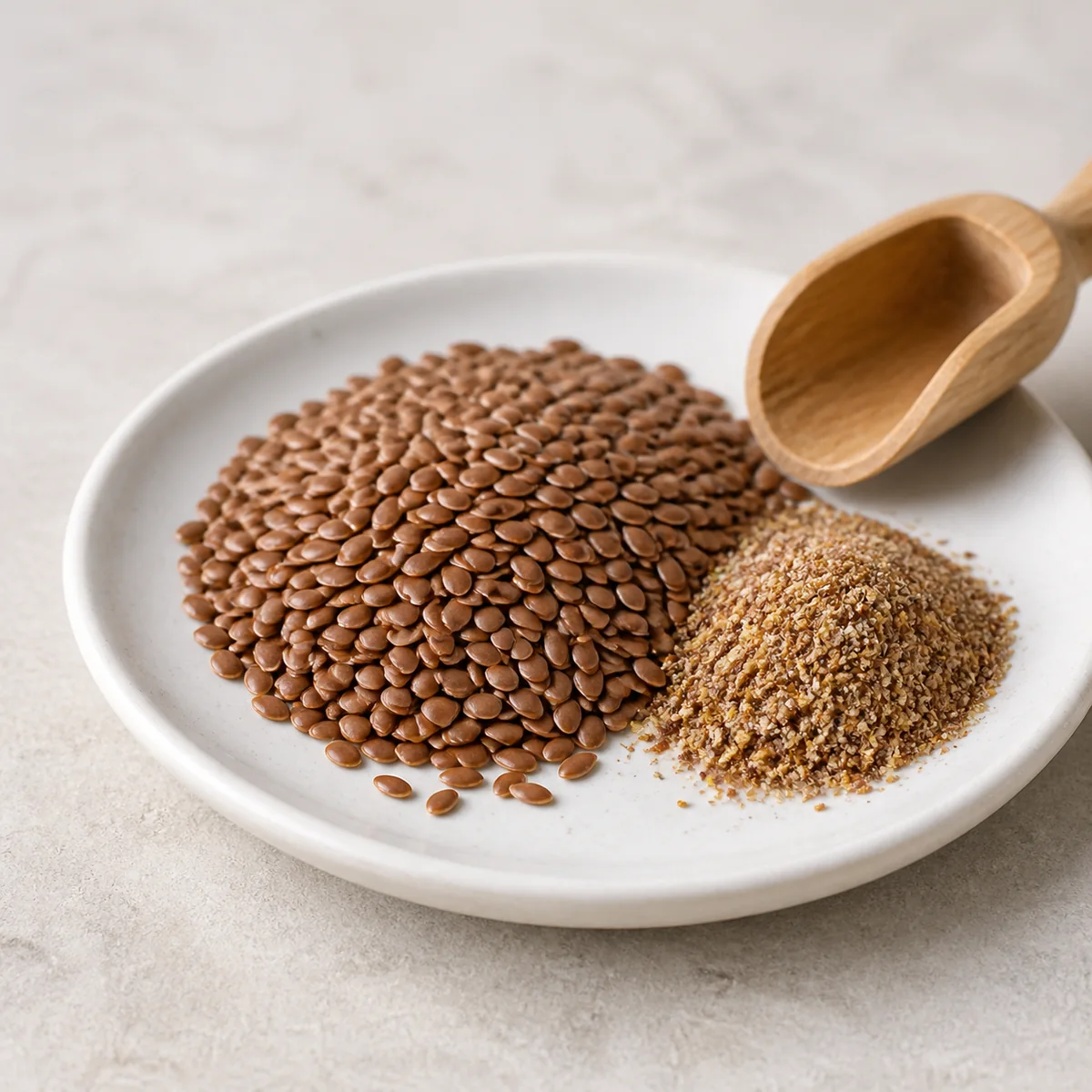 Whole and ground flaxseed on a small plate