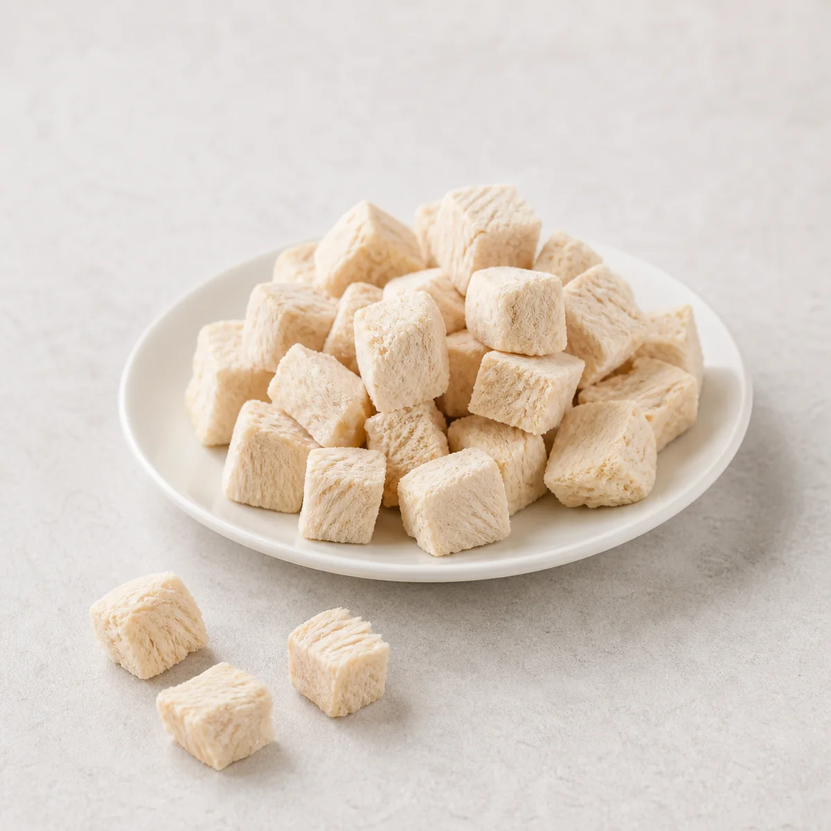 Plain freeze-dried chicken treat cubes on a plate