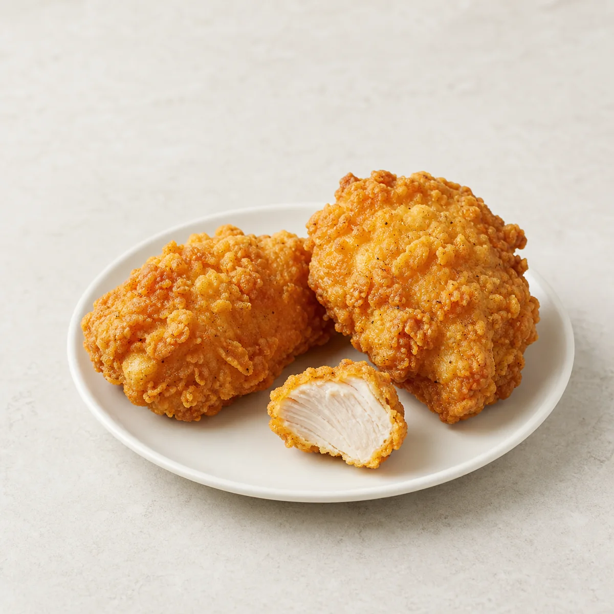 Fried chicken pieces with a small bite showing cooked meat