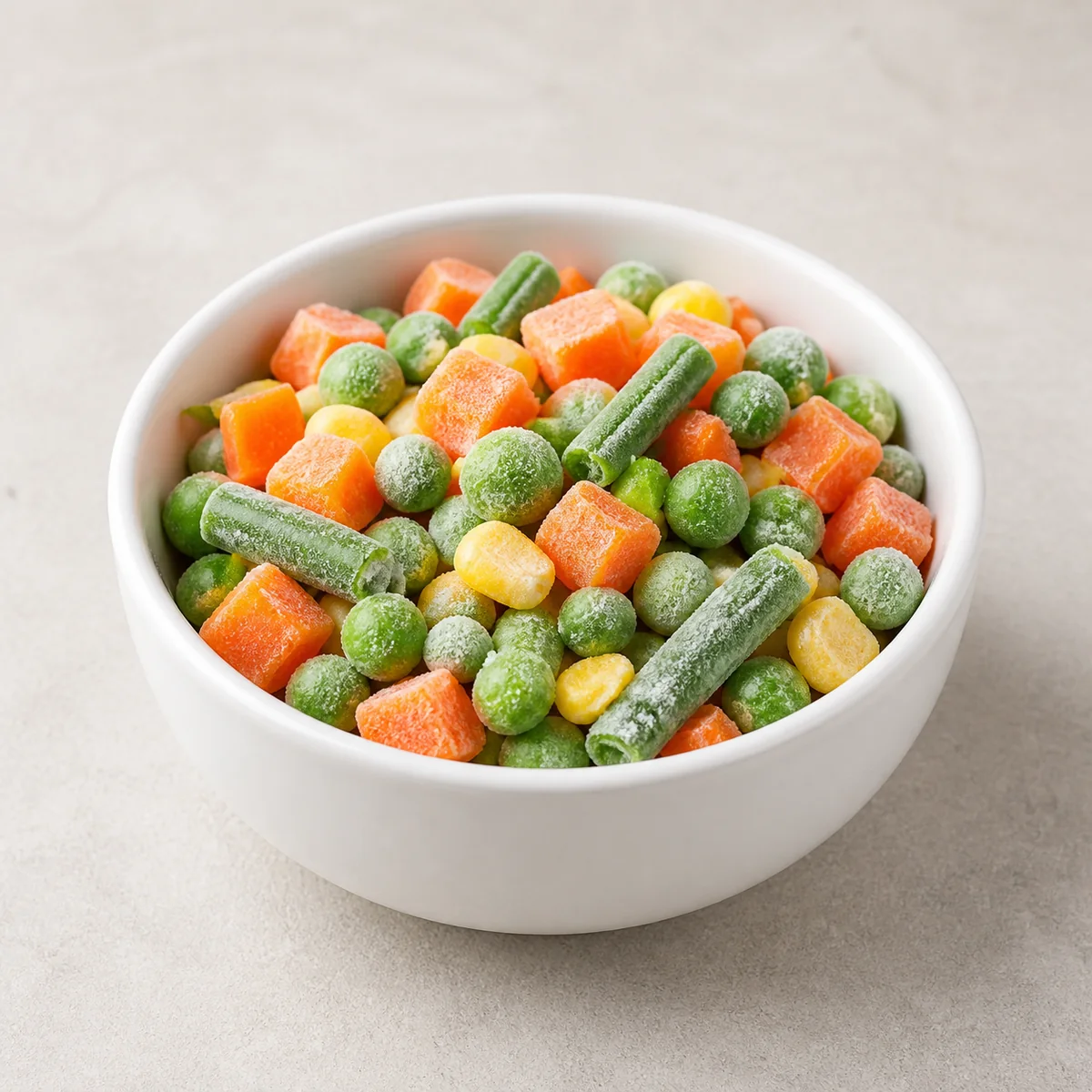 Plain frozen mixed vegetables in a small bowl