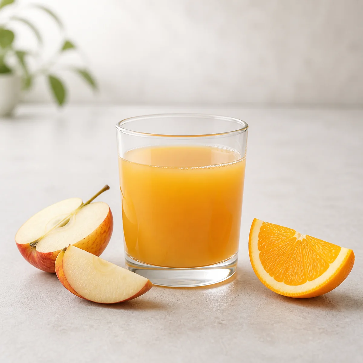 Small glass of fruit juice with apple and orange pieces
