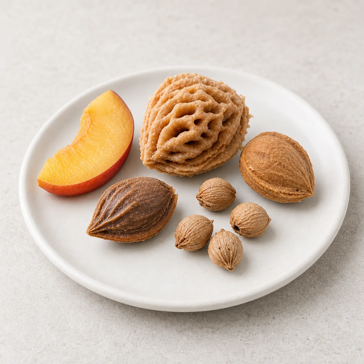 Removed stone fruit pits on a small plate
