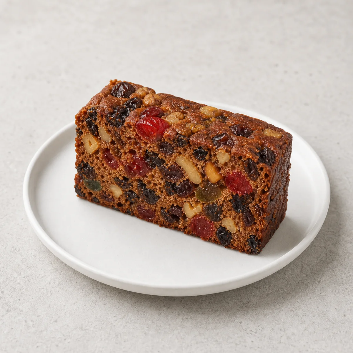 Slice of fruitcake with dried fruit and nuts