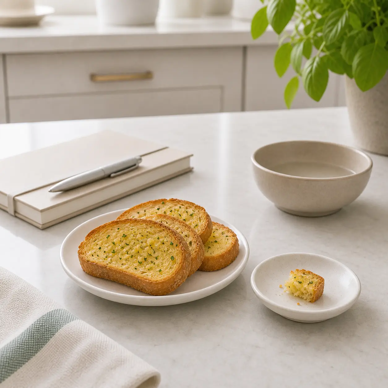 Garlic bread slices with one tiny crumb separated on a saucer