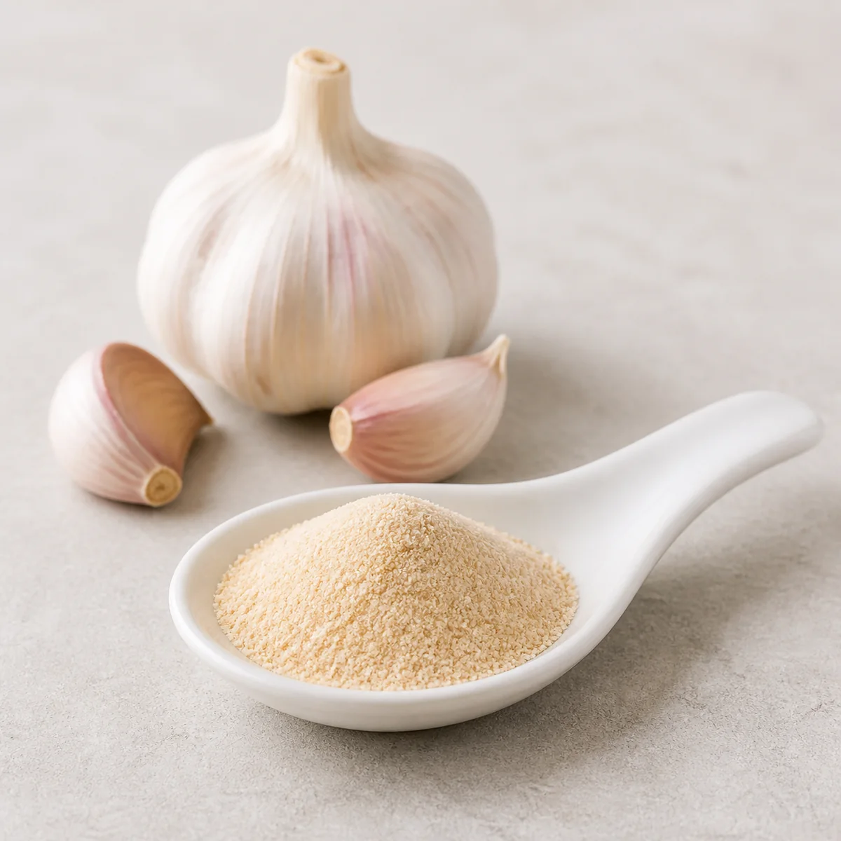 Garlic powder on a spoon beside garlic cloves