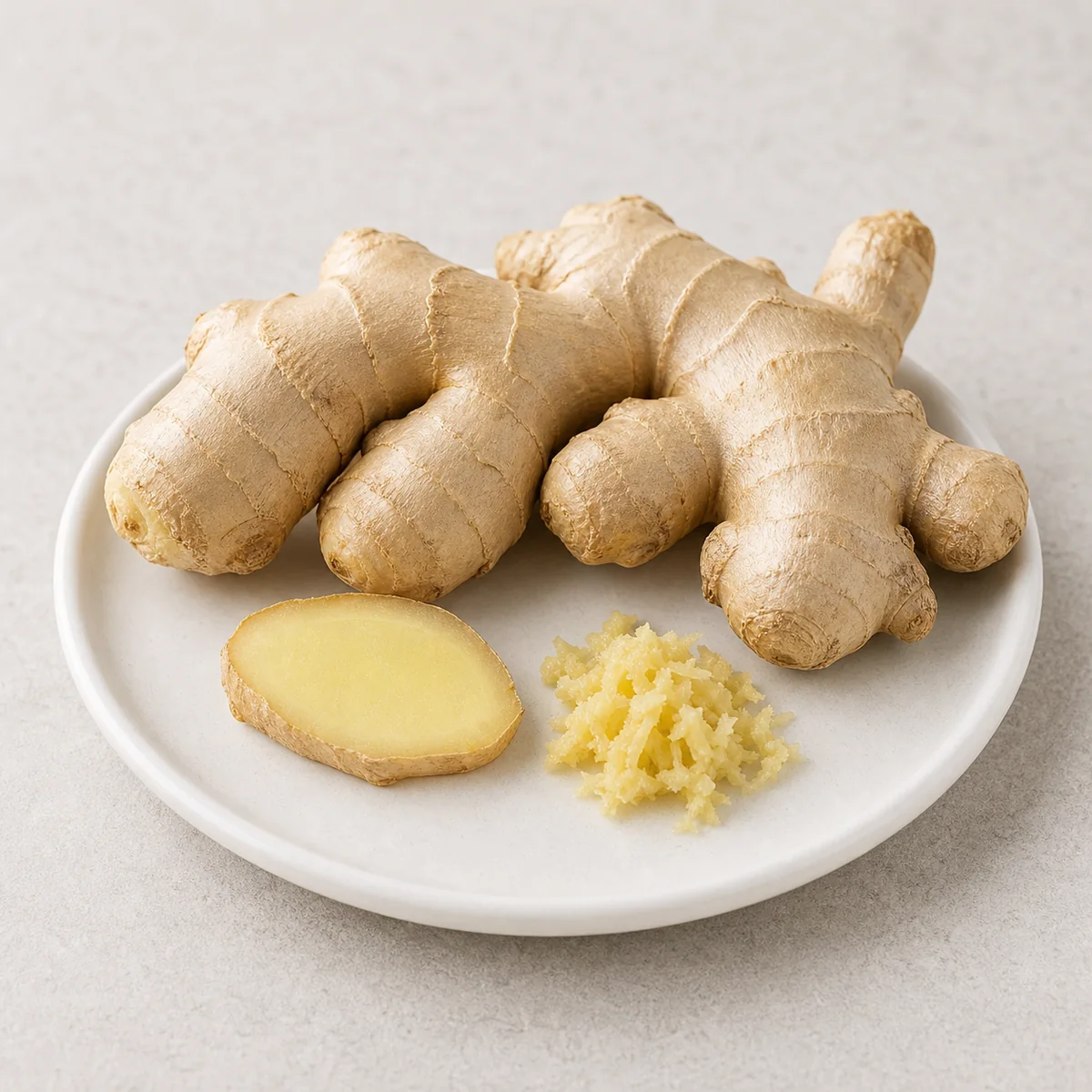 Fresh ginger root with a tiny grated pinch