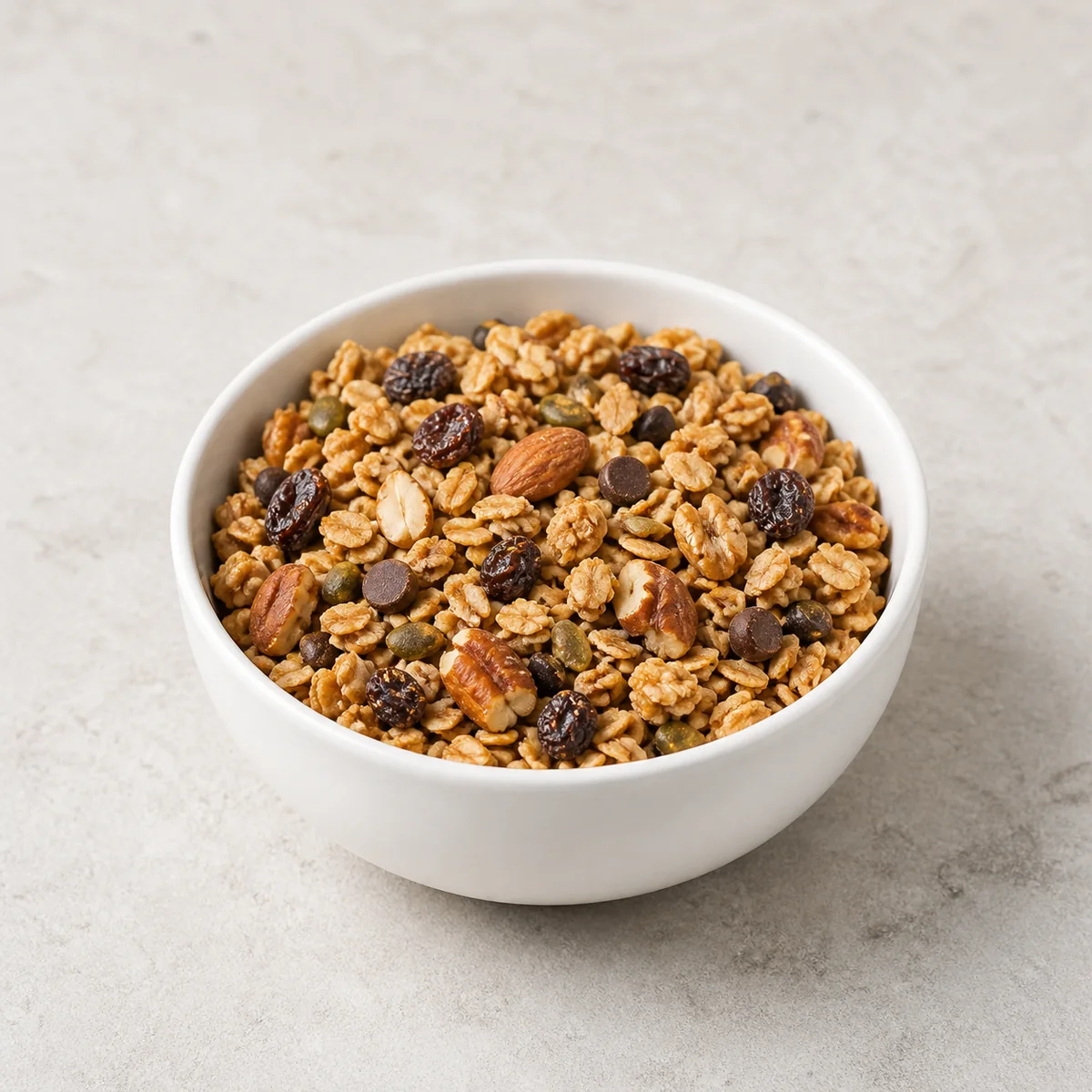 Bowl of granola with oats nuts and dried fruit