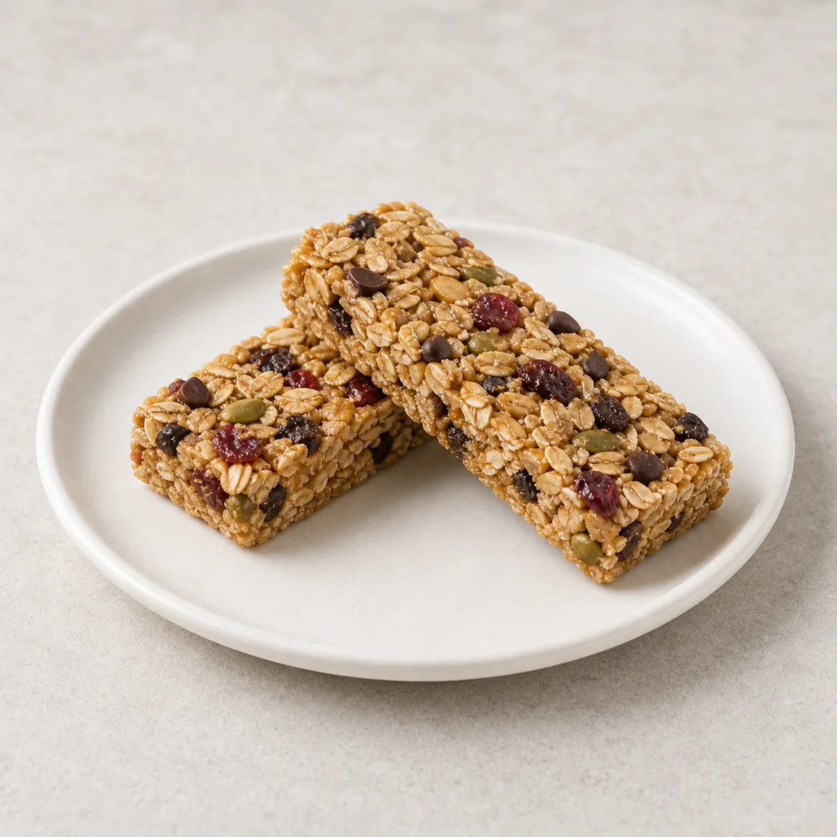 Granola bars with oats and dried fruit on a plate