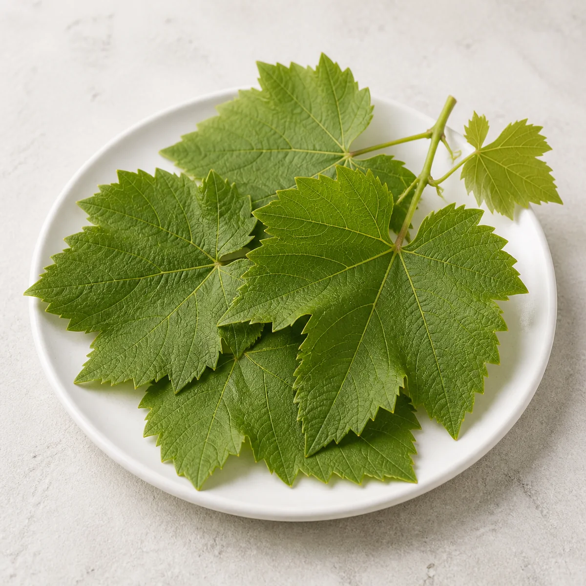 Plain fresh grape leaves on a small plate