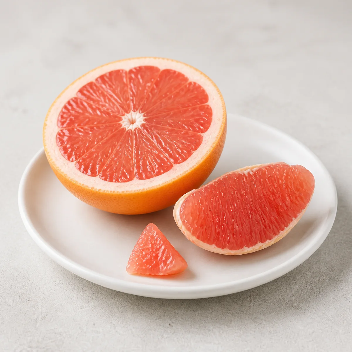 Pink grapefruit half with a tiny plain segment