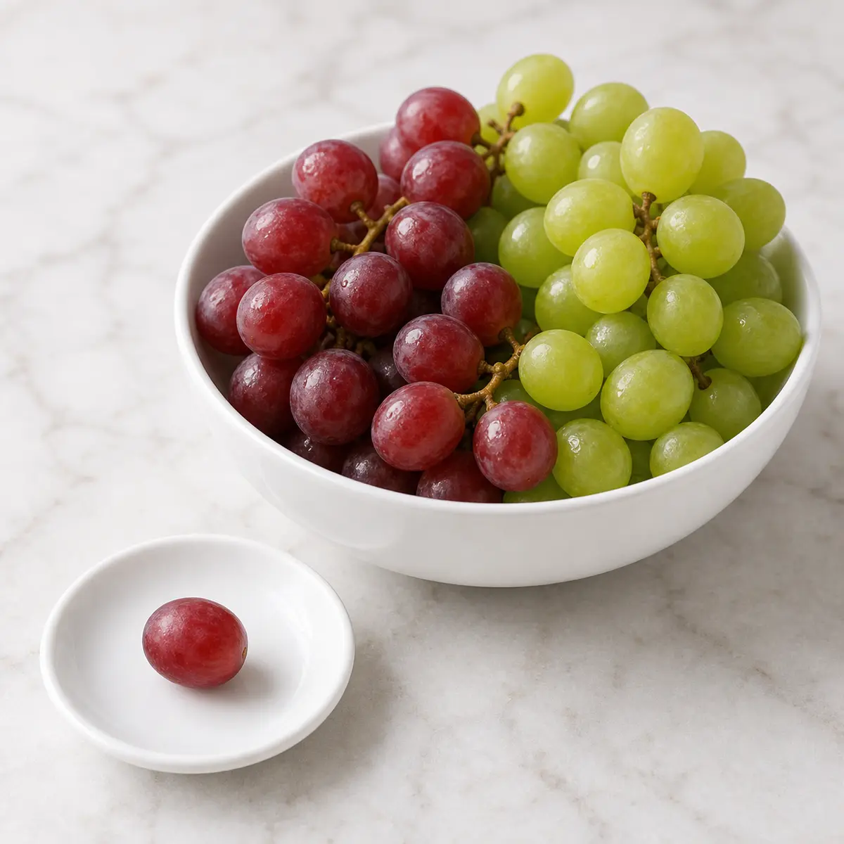 Fresh red and green grapes with one single grape isolated on a saucer
