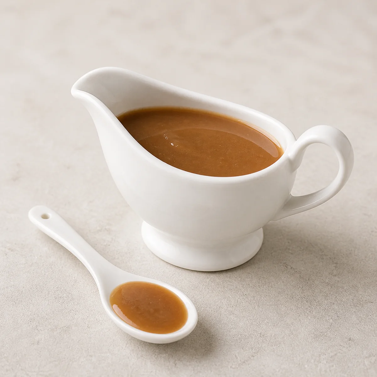 Brown gravy in a small white gravy boat