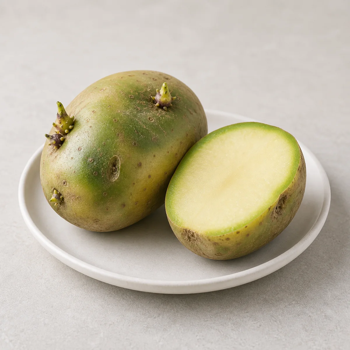 Green potato with sprouts and a cut greenish piece