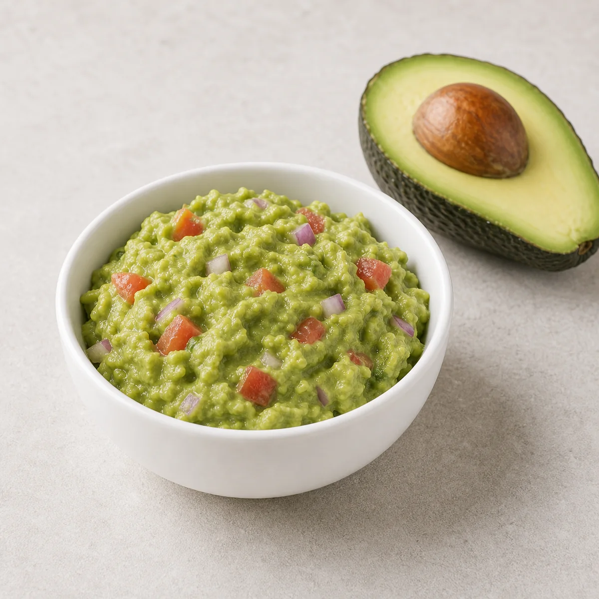 Guacamole in a small bowl beside an avocado half