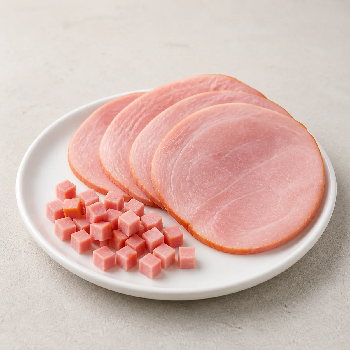 Sliced ham and tiny diced ham pieces on a plate