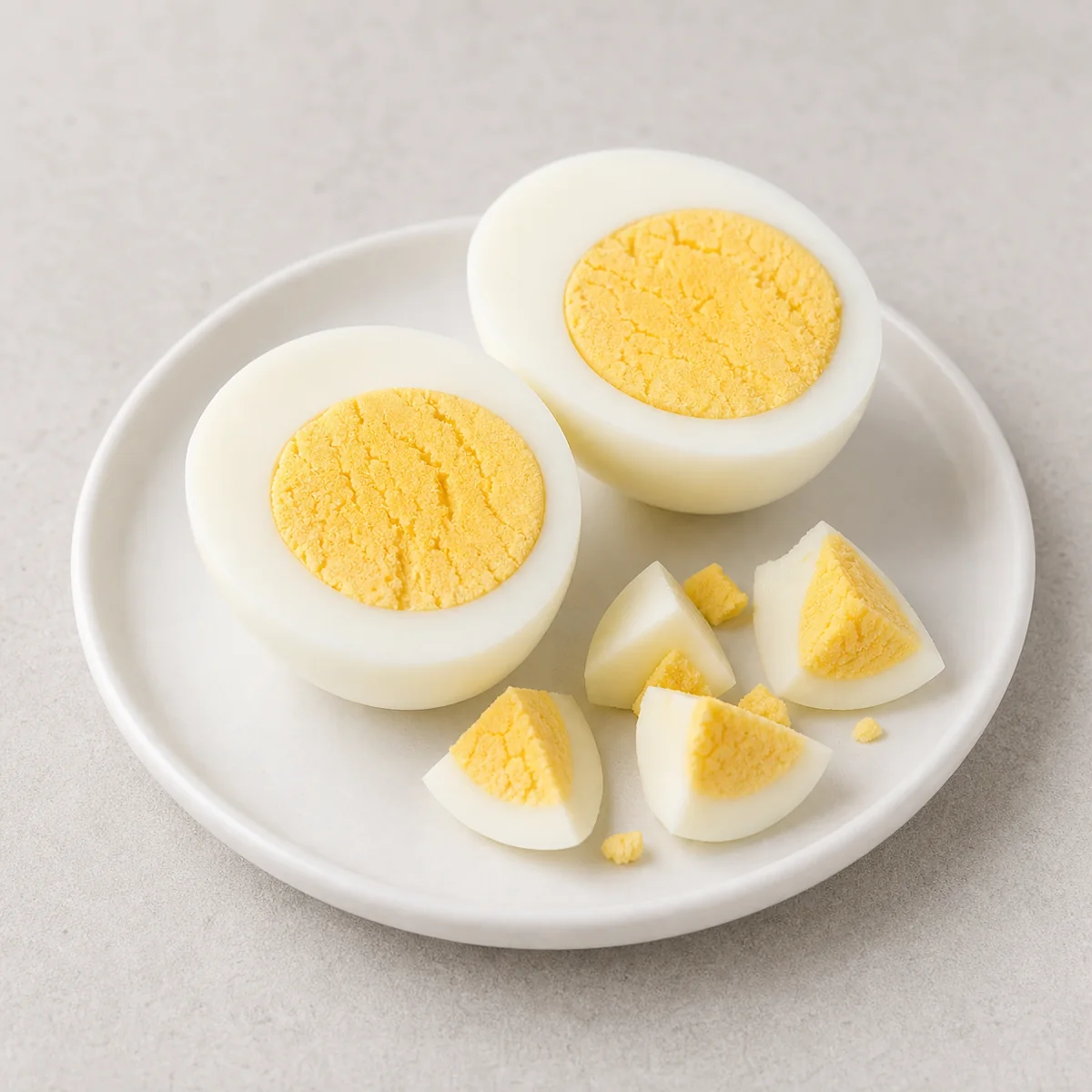 Hard-boiled egg halves and tiny plain egg pieces