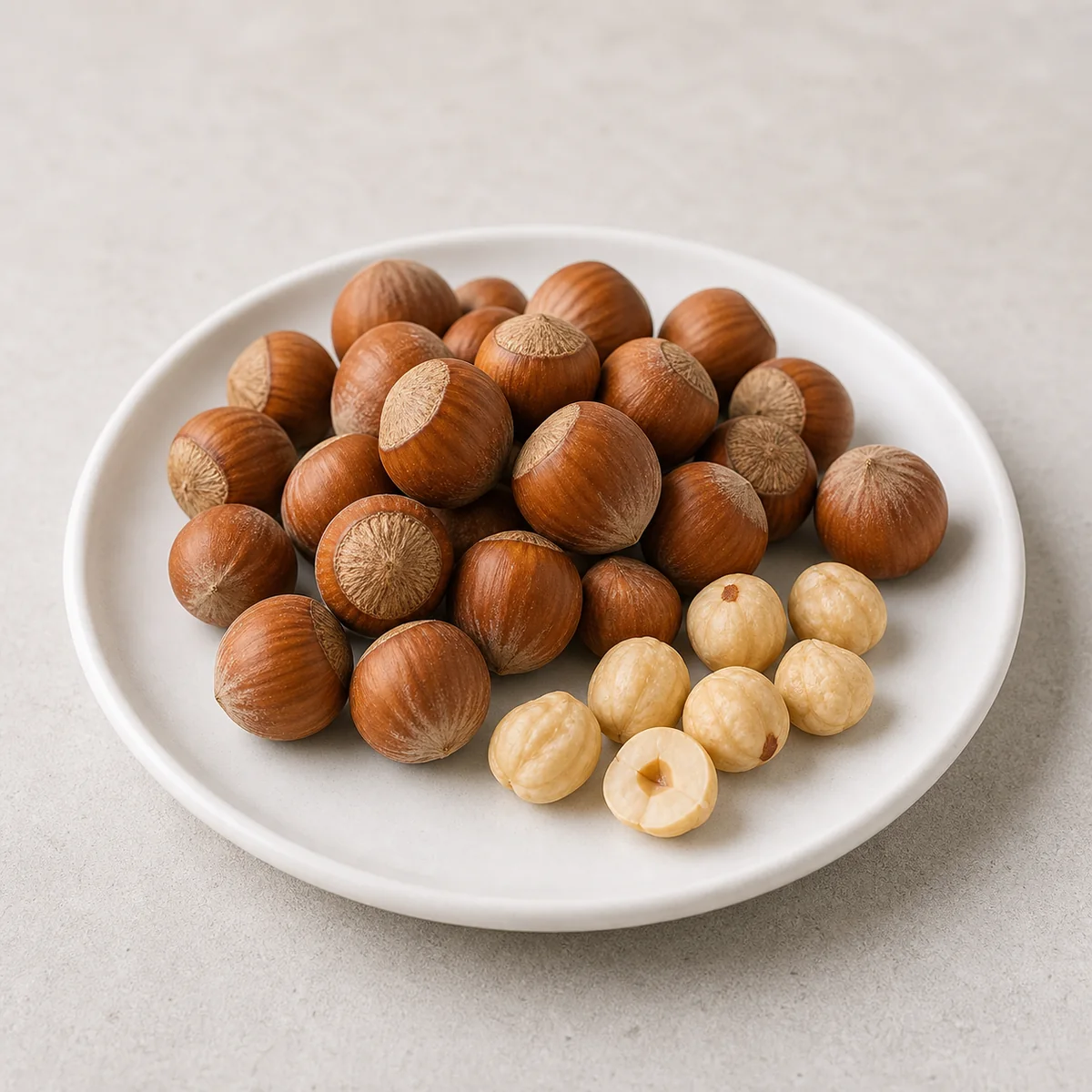 Whole hazelnuts and shelled hazelnut pieces on a plate