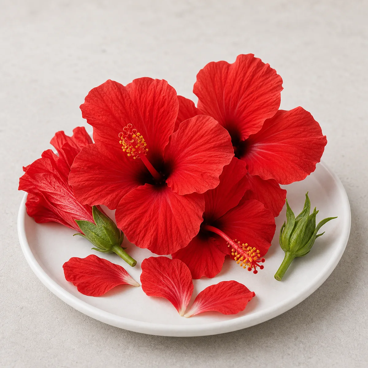 Fresh red hibiscus flowers and petals on a plate