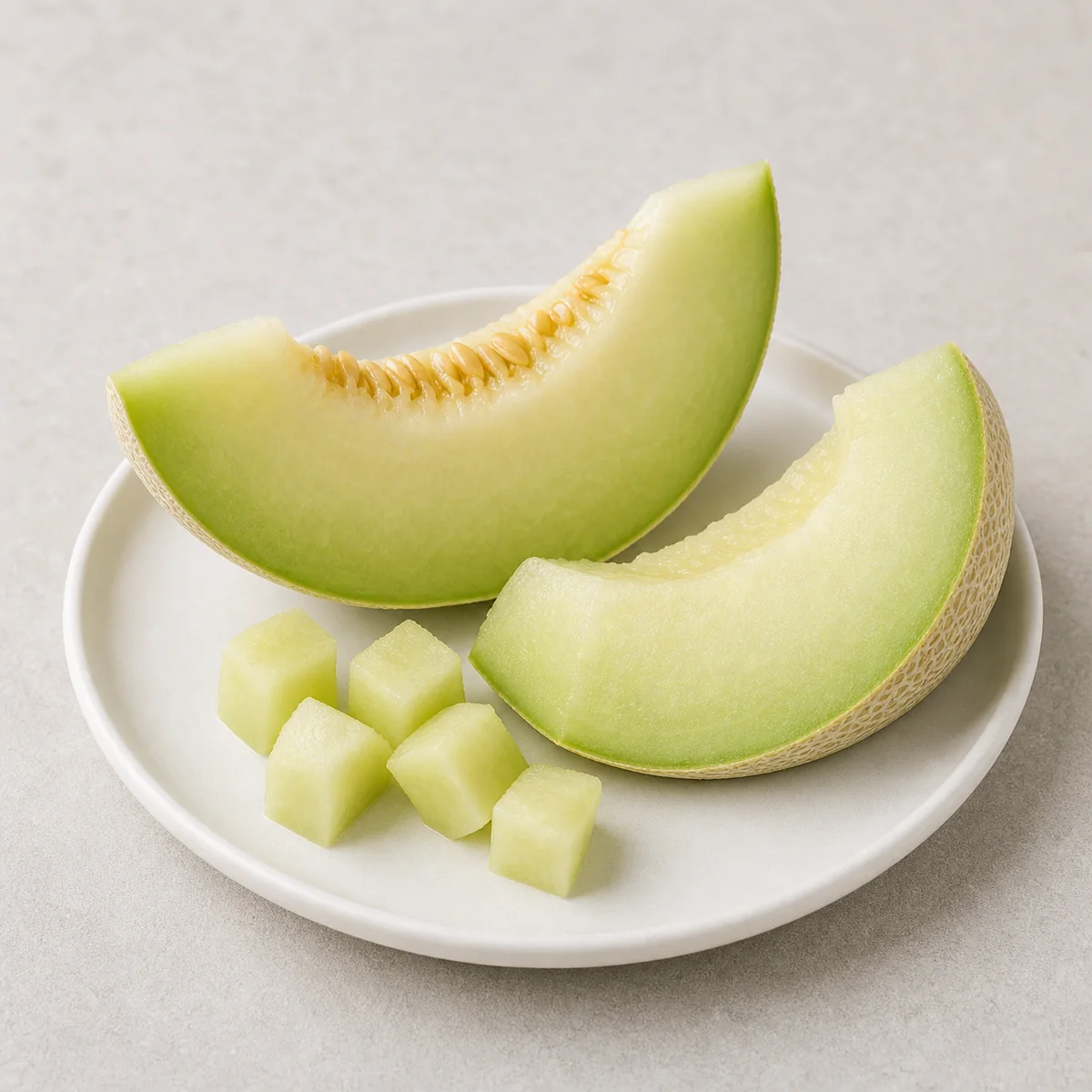 Honeydew melon wedges and tiny cubes on a plate