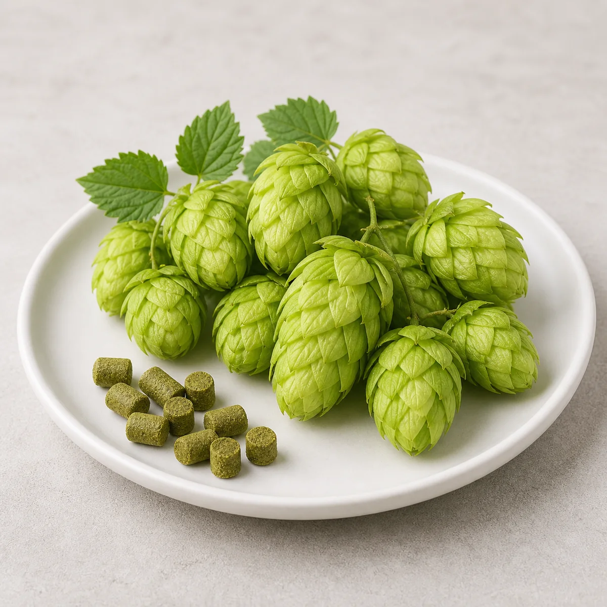 Fresh hop cones and hop pellets on a plate