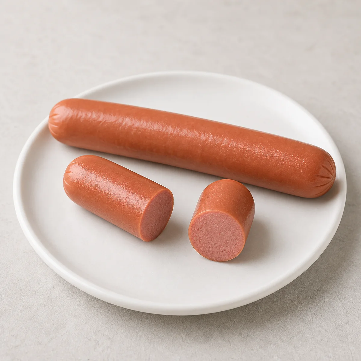 Plain cooked hot dog pieces on a small plate