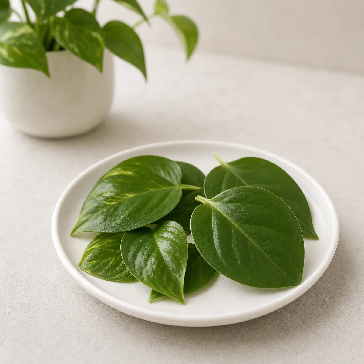 Detached glossy houseplant leaves on a plate